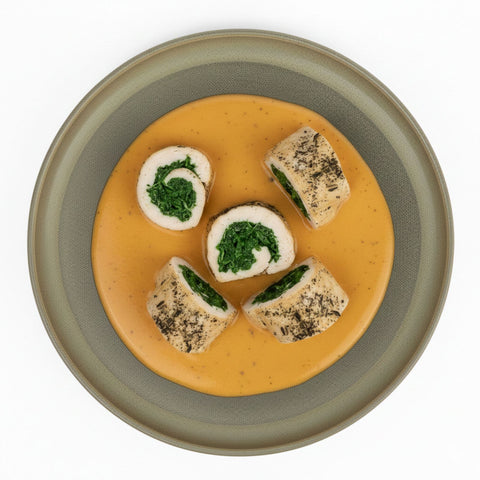 Vista cenital rollo de pechuga de pollo relleno de espinaca y queso